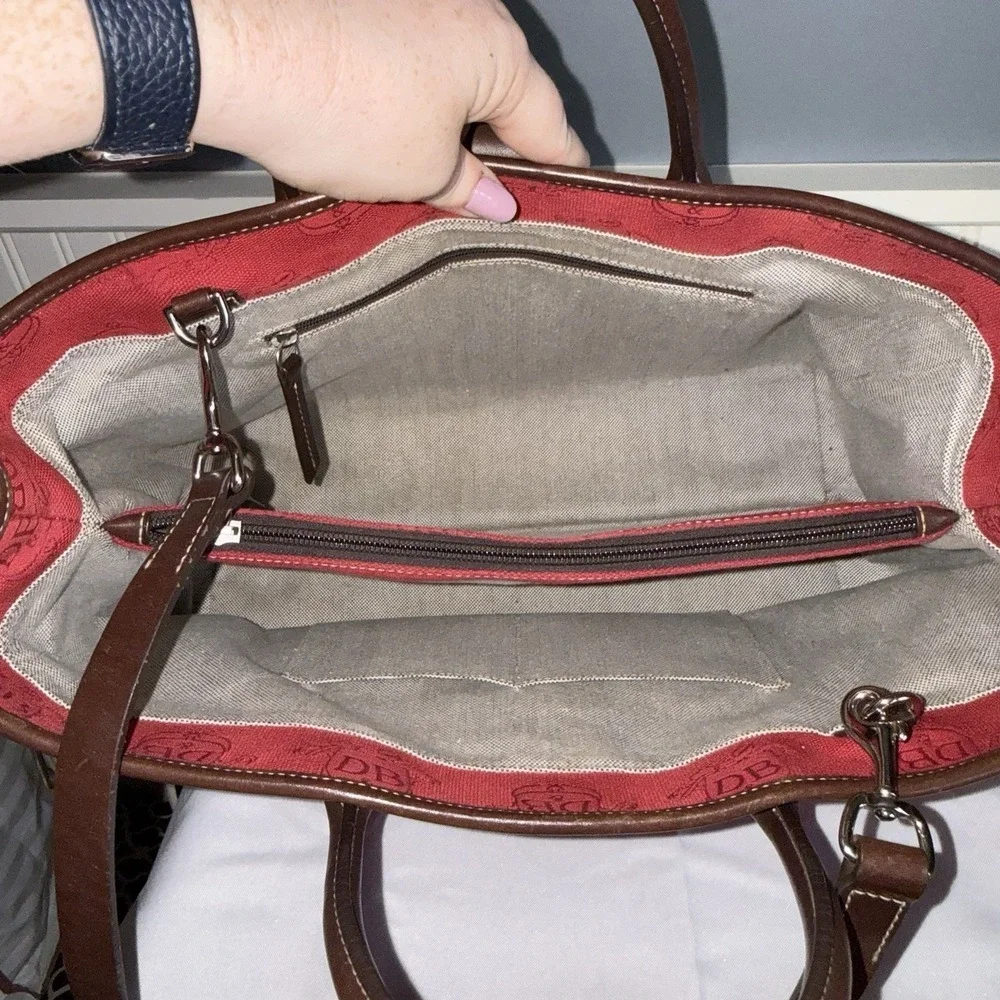 DOONEY & BOURKE Red Canvas & Brown Leather DB Signature Tote Satchel Bag Purse